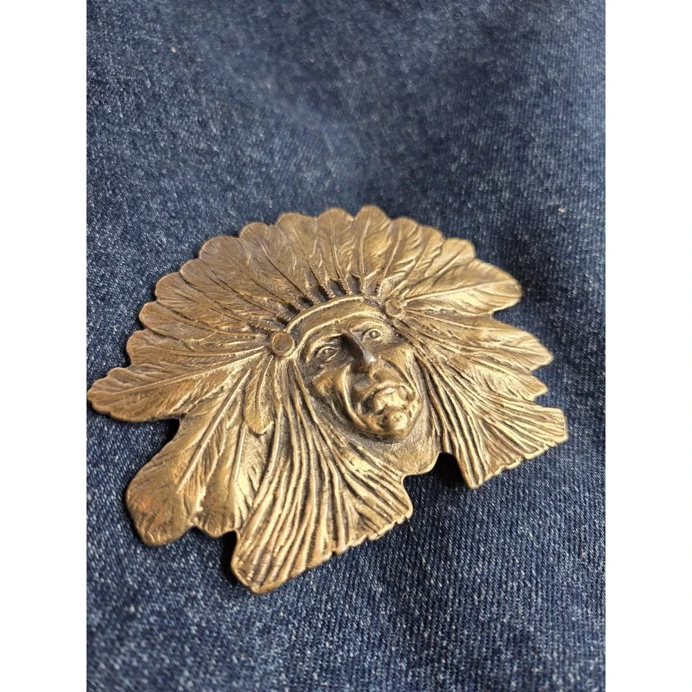 Vintage Gold Brass Native American Chief Large Belt Buckle